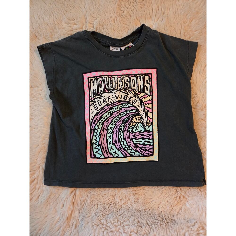 ZARA Maui & Sons Gray Washed Surf Vibes Boxy T-shirt girls 8-9